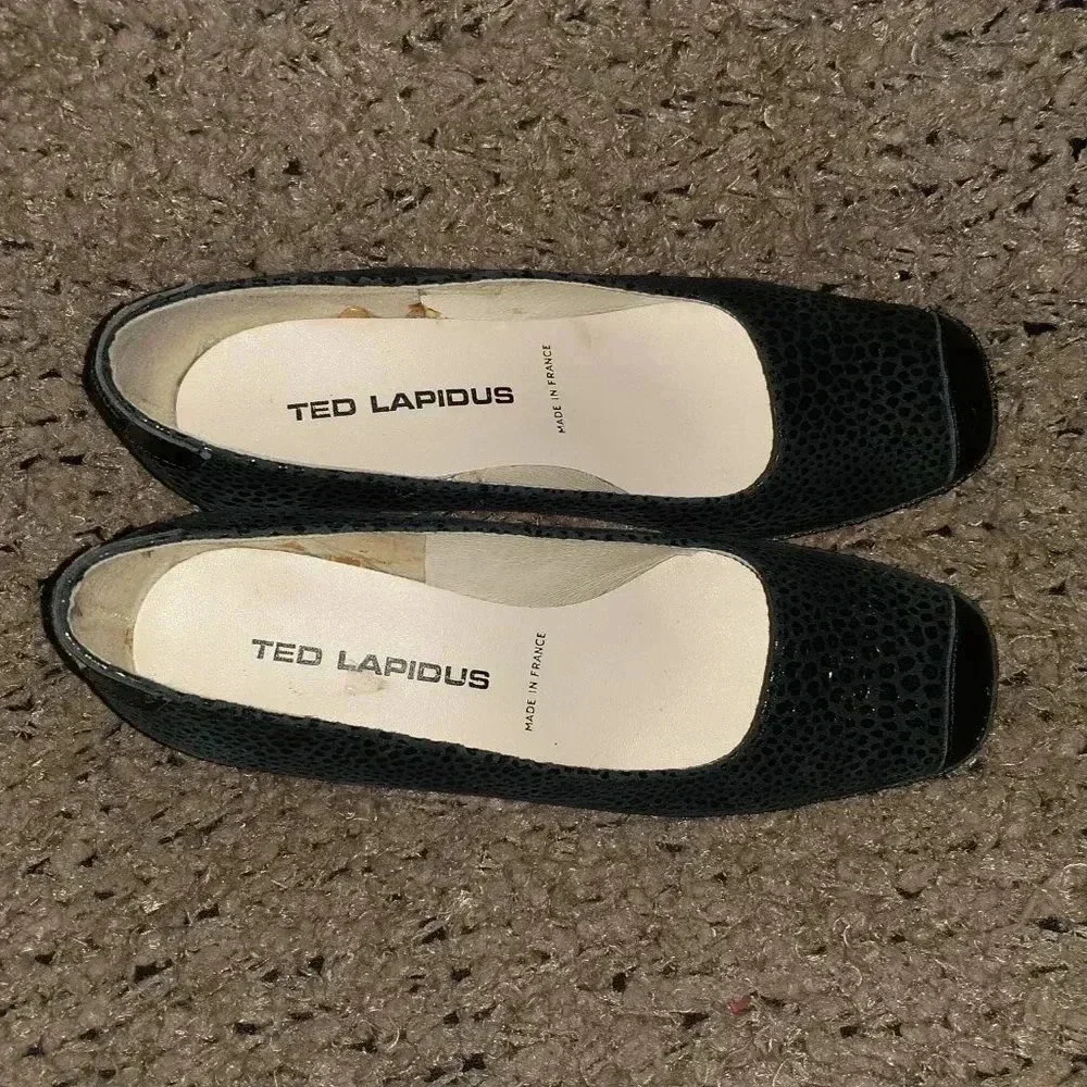 Vintage TED LAPIDUS-Black Suede/Leather Patterned Wedges-Sz 38-Excellent
